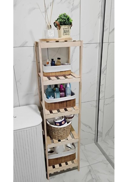 Doğal Ahşap 5 Raflı Banyo Rafı 30X30X120 Cm, Şık ve Fonksiyonel Depolama Çözümü fırsatları