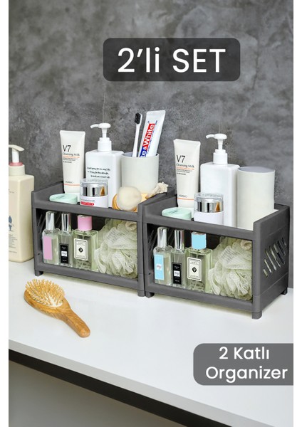 Gri 2'li Çift Katlı Banyo Düzenleme Rafı ve Organizer Seti