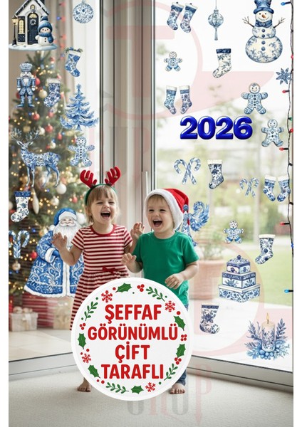 Şeffaf Çift Taraflı Çini Desenli Mavi Noel Baba ve Yeni Yıl Figürleri Sticker Seti - Yılbaşı Dekoru