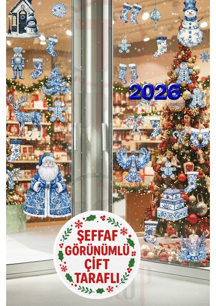 Şeffaf Çift Taraflı Çini Desenli Mavi Noel Baba ve Yeni Yıl Figürleri Sticker Seti - Yılbaşı Dekoru fiyatları