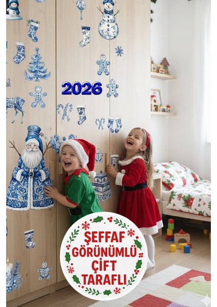 Şeffaf Çift Taraflı Çini Desenli Mavi Noel Baba ve Yeni Yıl Figürleri Sticker Seti - Yılbaşı Dekoru modelleri