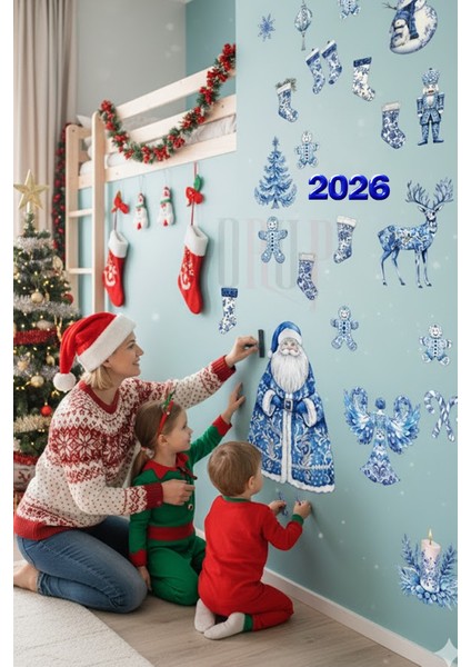 Şeffaf Çift Taraflı Çini Desenli Mavi Noel Baba ve Yeni Yıl Figürleri Sticker Seti - Yılbaşı Dekoru fırsatları