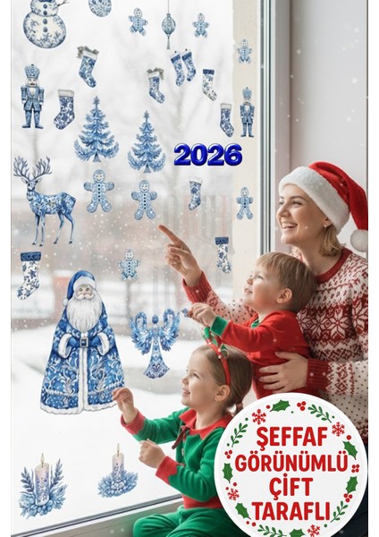 Şeffaf Çift Taraflı Çini Desenli Mavi Noel Baba ve Yeni Yıl Figürleri Sticker Seti - Yılbaşı Dekoru indirimleri