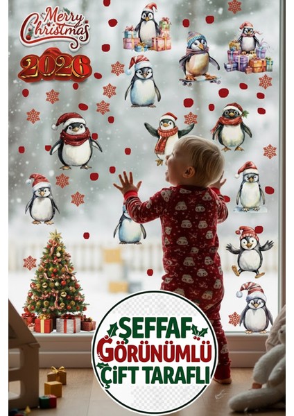 2026 Yeni Yıl Şeffaf Çift Taraflı Yılbaşı Penguenleri Kapı Dolap Pencere Sticker Seti