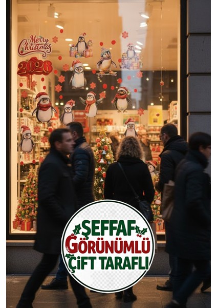 2026 Yeni Yıl Şeffaf Çift Taraflı Yılbaşı Penguenleri Kapı Dolap Pencere Sticker Seti modelleri