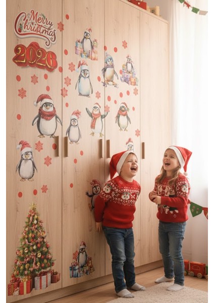 2026 Yeni Yıl Şeffaf Çift Taraflı Yılbaşı Penguenleri Kapı Dolap Pencere Sticker Seti indirimleri