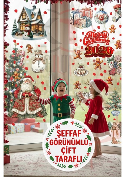 Çift Taraflı Yılbaşı Sticker Seti Noel Baba, Karlı Ev, ve Kurabiye Adam Kapı, Dolap, Cam Süsü