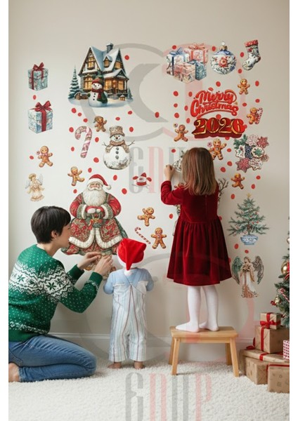 Çift Taraflı Yılbaşı Sticker Seti Noel Baba, Karlı Ev, ve Kurabiye Adam Kapı, Dolap, Cam Süsü modelleri