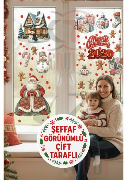Çift Taraflı Yılbaşı Sticker Seti Noel Baba, Karlı Ev, ve Kurabiye Adam Kapı, Dolap, Cam Süsü fırsatları