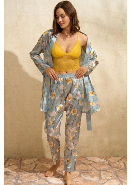 Saten Çiçek Baskılı Sabahlık Balensiz Desteksiz Dolgusuz Dantelli Bralet Sütyen ve Pantolon Pijama 3'lü Takım
