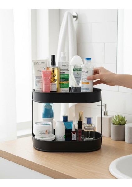 Iki Katlı Çok Amaçlı Pratik Organizer, Şık ve Kullanışlı Siyah Renkli Düzenleyici