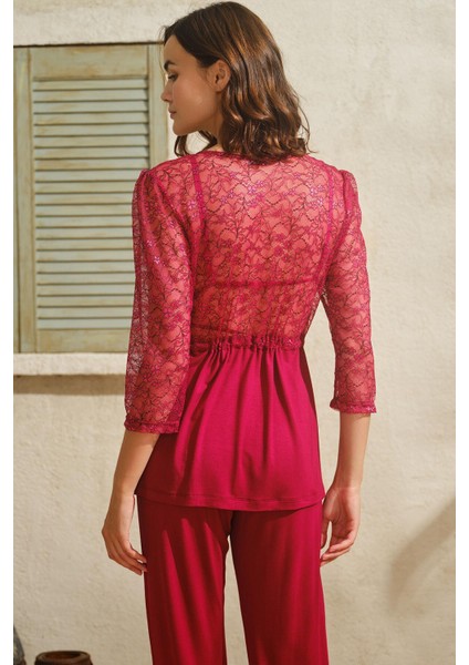 Viskon Dantelli Sabahlık Yaka Detaylı Sırt Dekolteli Bustiyer Sütyen ve Pantolon Pijama 3'lü Takım fiyatları