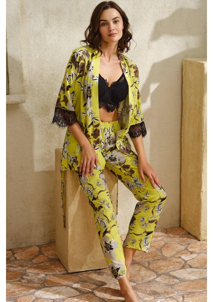 Dokuma Viskon Çiçek Baskılı Dantelli Sabahlık Balenli Desteksiz Dolgusuz Büstiyer Sütyen ve Pantolon Pijama 3'lü Takım