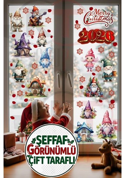 Çift Taraflı Şeffaf Sevimli Noel Cüceleri Masalsı Evler Kar Taneleri Yılbaşı Sticker Seti