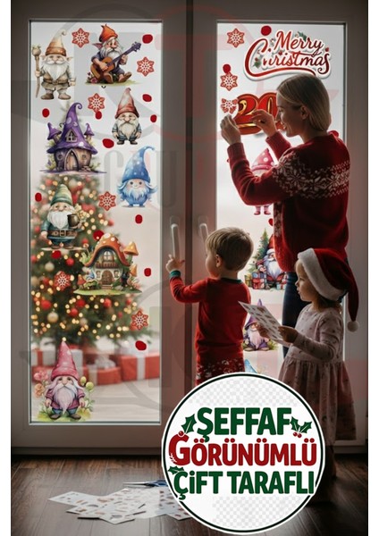 Çift Taraflı Şeffaf Sevimli Noel Cüceleri Masalsı Evler Kar Taneleri Yılbaşı Sticker Seti fiyatları