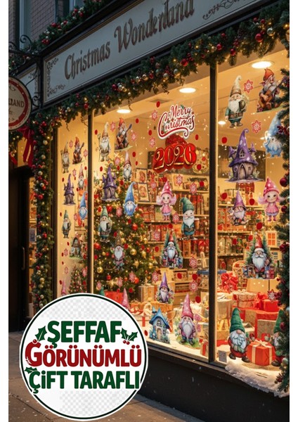 Çift Taraflı Şeffaf Sevimli Noel Cüceleri Masalsı Evler Kar Taneleri Yılbaşı Sticker Seti modelleri