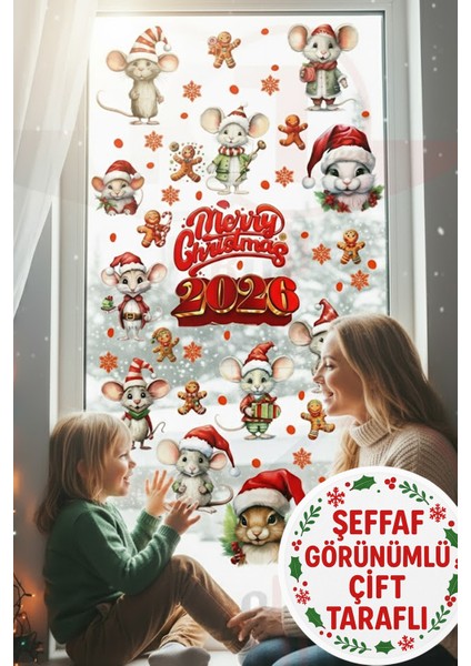 Şeffaf Görünümlü Çift Taraflı 2026 Yeni Yıl Fareleri ve Tavşanları Kapı Dolap Cam Sticker Seti