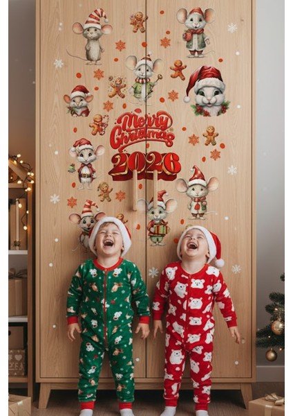 Şeffaf Görünümlü Çift Taraflı 2026 Yeni Yıl Fareleri ve Tavşanları Kapı Dolap Cam Sticker Seti modelleri