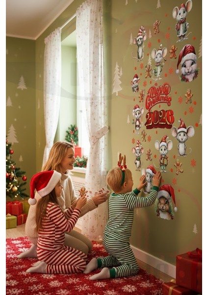 Şeffaf Görünümlü Çift Taraflı 2026 Yeni Yıl Fareleri ve Tavşanları Kapı Dolap Cam Sticker Seti indirimleri