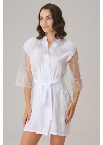 Çeyizlik Uzun Kol V Yaka Kadın Saten Düz Yazlık Mini Dantel Detaylı Sabahlık