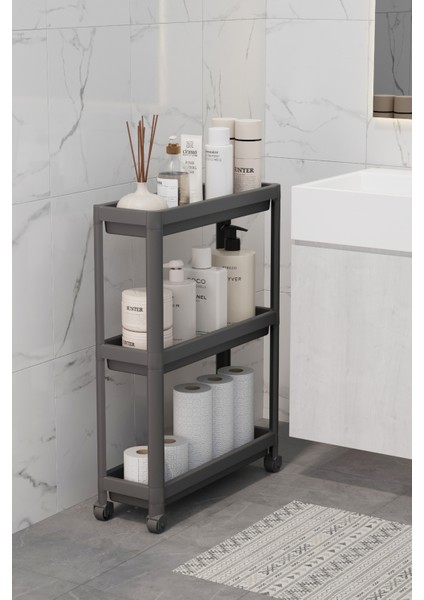 Çok Amaçlı Siyah 3 Katlı Tekerlekli Dikdörtgen Plastik Banyo Rafı