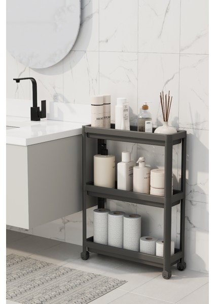 Çok Amaçlı Siyah 3 Katlı Tekerlekli Dikdörtgen Plastik Banyo Rafı fiyatları