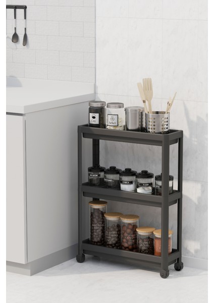 Çok Amaçlı Siyah 3 Katlı Tekerlekli Dikdörtgen Plastik Banyo Rafı fırsatları