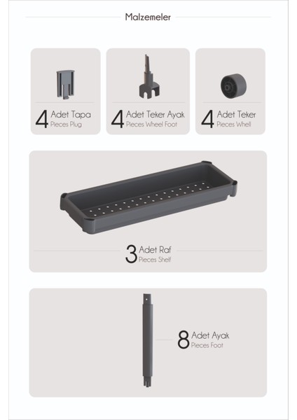 Çok Amaçlı Siyah 3 Katlı Tekerlekli Dikdörtgen Plastik Banyo Rafı indirimleri