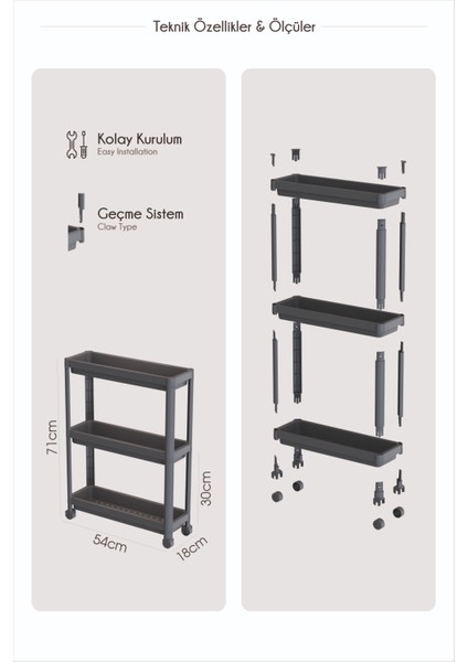 Çok Amaçlı Siyah 3 Katlı Tekerlekli Dikdörtgen Plastik Banyo Rafı