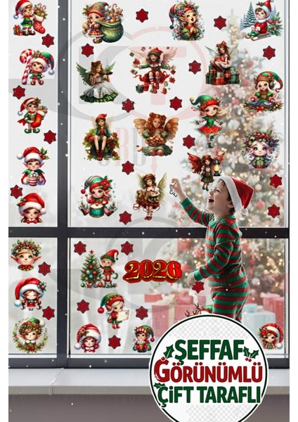 Şeffaf Çift Taraflı Noel Perileri ve Melekler Sticker Seti - Yeniyıl Yılbaşı 2026 Cam Dekoru