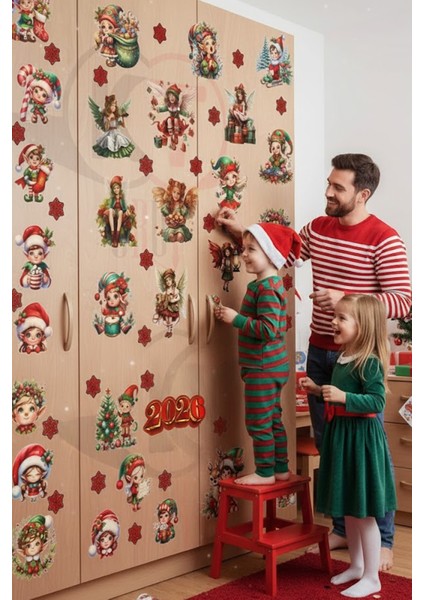 Şeffaf Çift Taraflı Noel Perileri ve Melekler Sticker Seti - Yeniyıl Yılbaşı 2026 Cam Dekoru modelleri