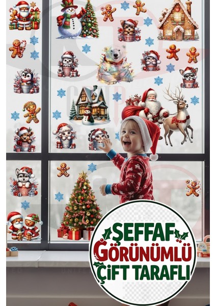 Şeffaf Çift Taraflı Kutup Ayısı, Penguen ve Noel Baba Sticker Seti - Yılbaşı Dekoru