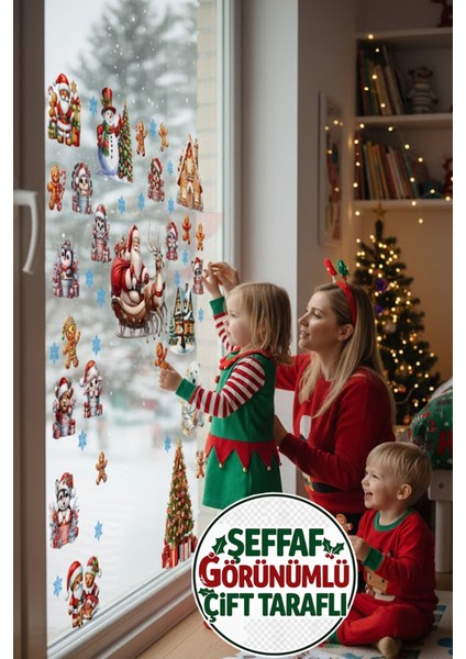 Şeffaf Çift Taraflı Kutup Ayısı, Penguen ve Noel Baba Sticker Seti - Yılbaşı Dekoru fiyatları