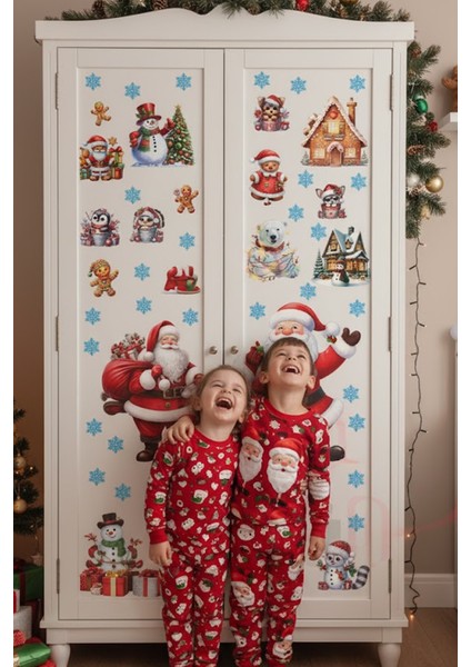 Şeffaf Çift Taraflı Kutup Ayısı, Penguen ve Noel Baba Sticker Seti - Yılbaşı Dekoru fırsatları