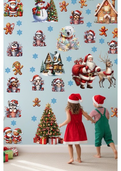 Şeffaf Çift Taraflı Kutup Ayısı, Penguen ve Noel Baba Sticker Seti - Yılbaşı Dekoru indirimleri