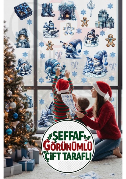 Şeffaf Çift Taraflı Mav Gnome ve Kardan Adam Sticker Seti - Kapı Dolap Duvar Cam Dekoru