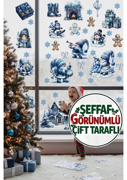 Şeffaf Çift Taraflı Mav Gnome ve Kardan Adam Sticker Seti - Kapı Dolap Duvar Cam Dekoru fiyatları