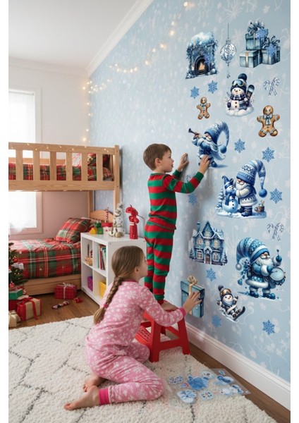 Şeffaf Çift Taraflı Mav Gnome ve Kardan Adam Sticker Seti - Kapı Dolap Duvar Cam Dekoru modelleri