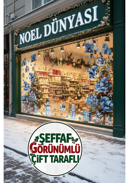 Şeffaf Çift Taraflı Mav Gnome ve Kardan Adam Sticker Seti - Kapı Dolap Duvar Cam Dekoru fırsatları