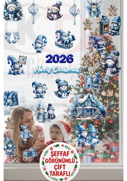 2026 Yeni Yıl Mavi Snowman & Cüce Cam Sticker Seti - Şeffaf Çift Taraflı Pencere Dekoru