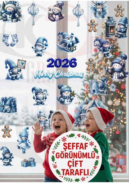 2026 Yeni Yıl Mavi Snowman & Cüce Cam Sticker Seti - Şeffaf Çift Taraflı Pencere Dekoru fiyatları