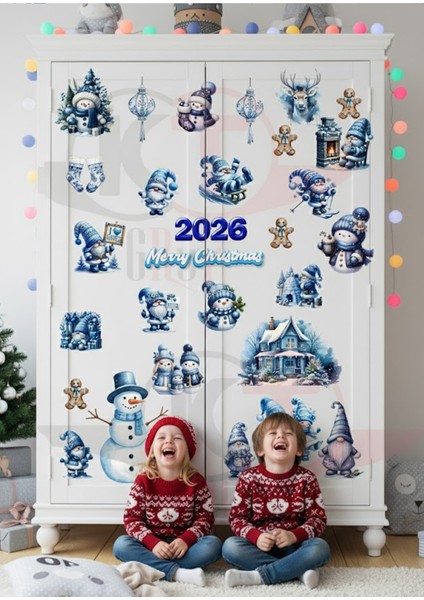 2026 Yeni Yıl Mavi Snowman & Cüce Cam Sticker Seti - Şeffaf Çift Taraflı Pencere Dekoru modelleri