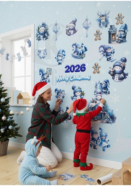 2026 Yeni Yıl Mavi Snowman & Cüce Cam Sticker Seti - Şeffaf Çift Taraflı Pencere Dekoru fırsatları