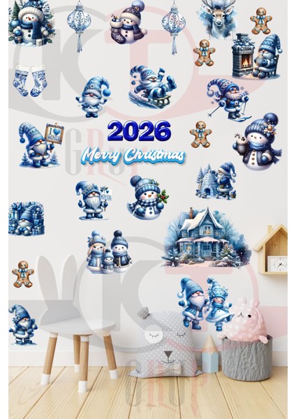 2026 Yeni Yıl Mavi Snowman & Cüce Cam Sticker Seti - Şeffaf Çift Taraflı Pencere Dekoru indirimleri