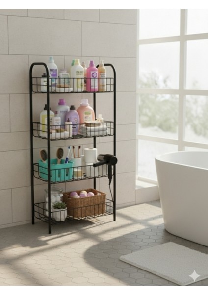 Dört Katlı Çok Amaçlı Metal Banyo Rafı, Siyah, 80X40X23 cm
