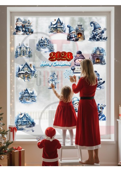 Yeni Yıl Yılbaşı Figürleri Hoşgeldin 2026 Karlı Köy Noel Baba Cüceler ve Kardan Adam Sticker Seti modelleri