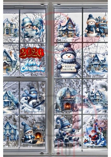 Yeni Yıl Yılbaşı Figürleri Hoşgeldin 2026 Karlı Köy Noel Baba Cüceler ve Kardan Adam Sticker Seti
