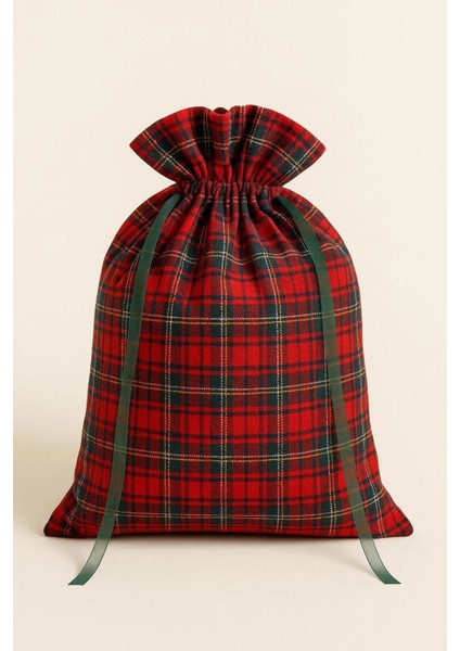 Yılbaşı Ağaç Altı Süsü Yeni Yıl Ekose Desenli Orta Hediye Kesesi 35X40