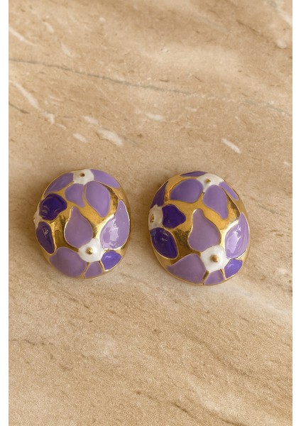 Mor Çiçek Motifli Çelik Küpe