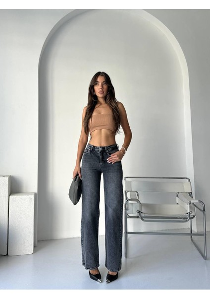 Likralı Kot Pantolon Bol Paça Straight Model Yüksek Bel %100 Cotton fiyatları